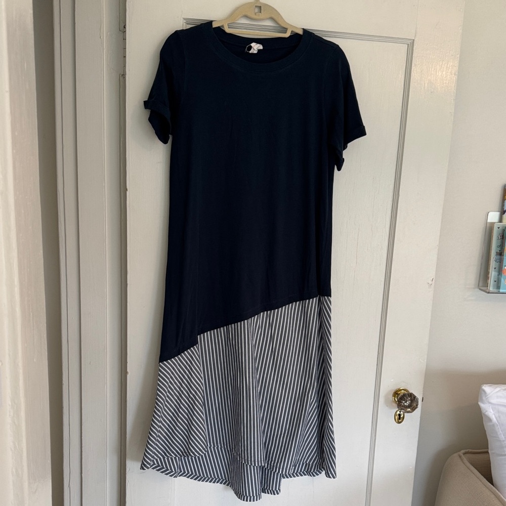 Navy Asymmetrical Stripe Hem Dress